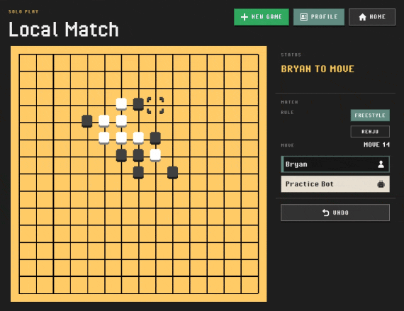 Gomoku2D local match in progress on a pixel-art board.