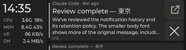 Notification-panel UI preview with status indicators, formatted text and touch actions.
