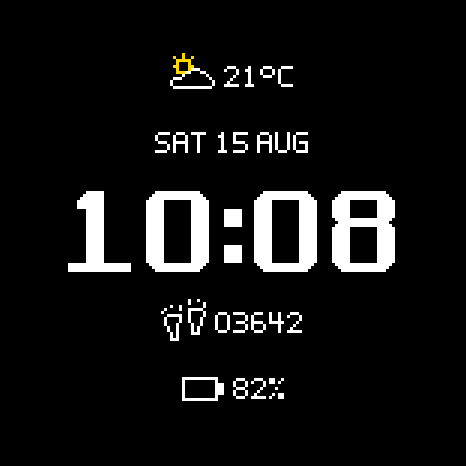 Generated Raster 90 composition with canonical partly-day weather animation, date, time, steps and battery.