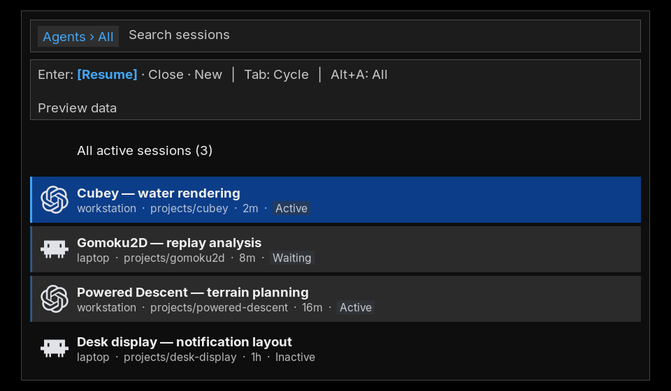 Rofi Agent Plus displaying invented preview sessions across a workstation and laptop.